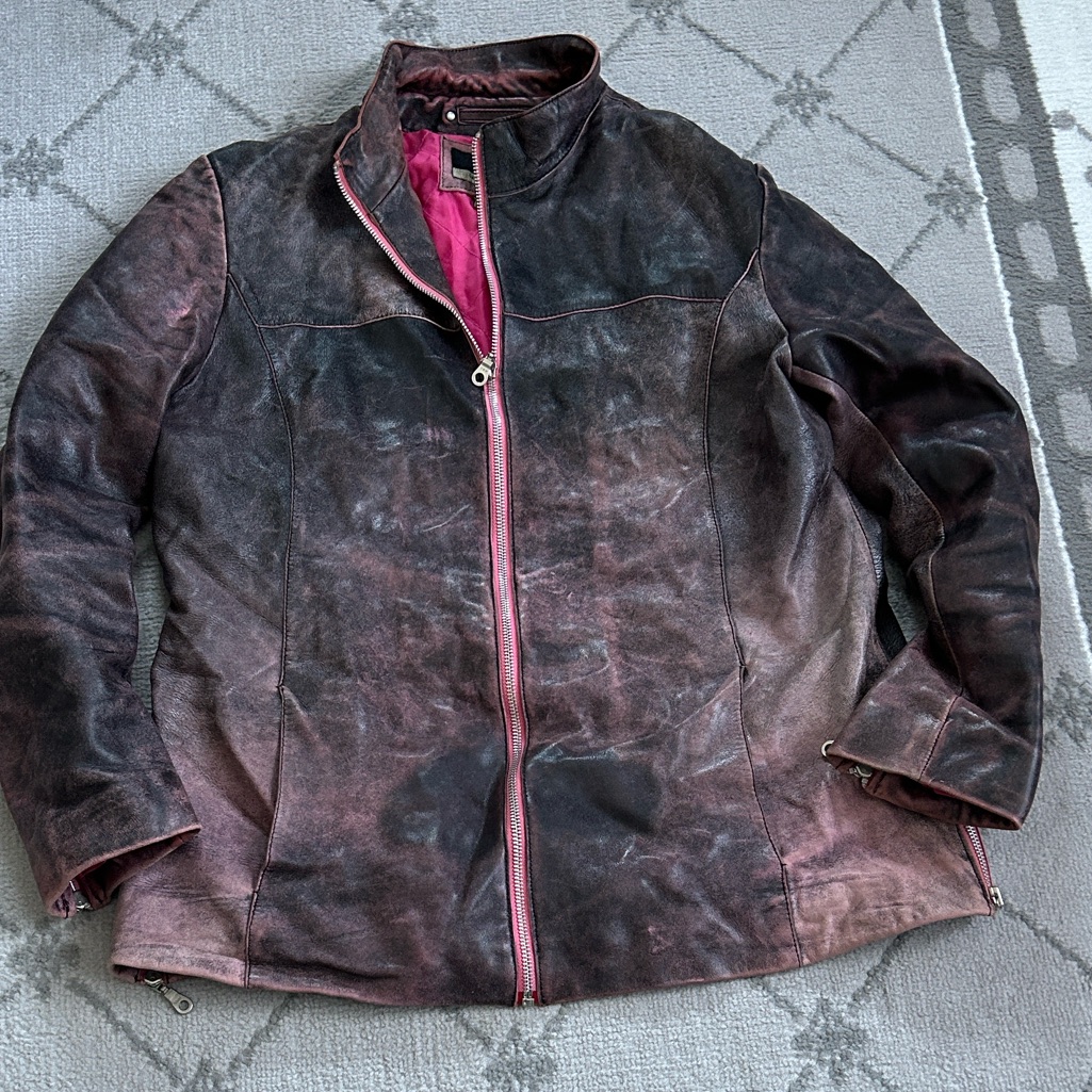 K-Oss Women's Raspberry And Black Leather Distressed Moto Jacket